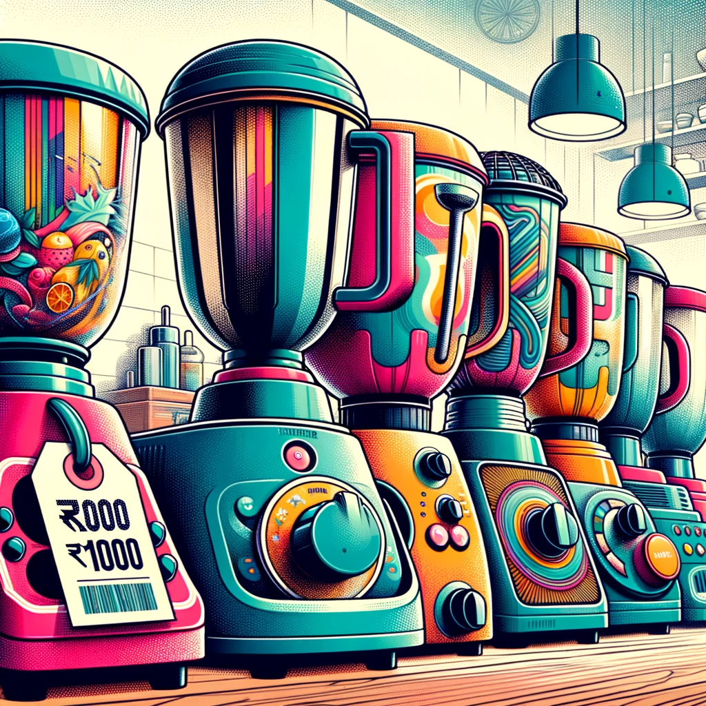 DALL·E 2024 02 17 14.09.51 A vibrant and detailed illustration showcasing a variety of mixer grinders lined up each with a unique design and color scheme emphasizing their aff